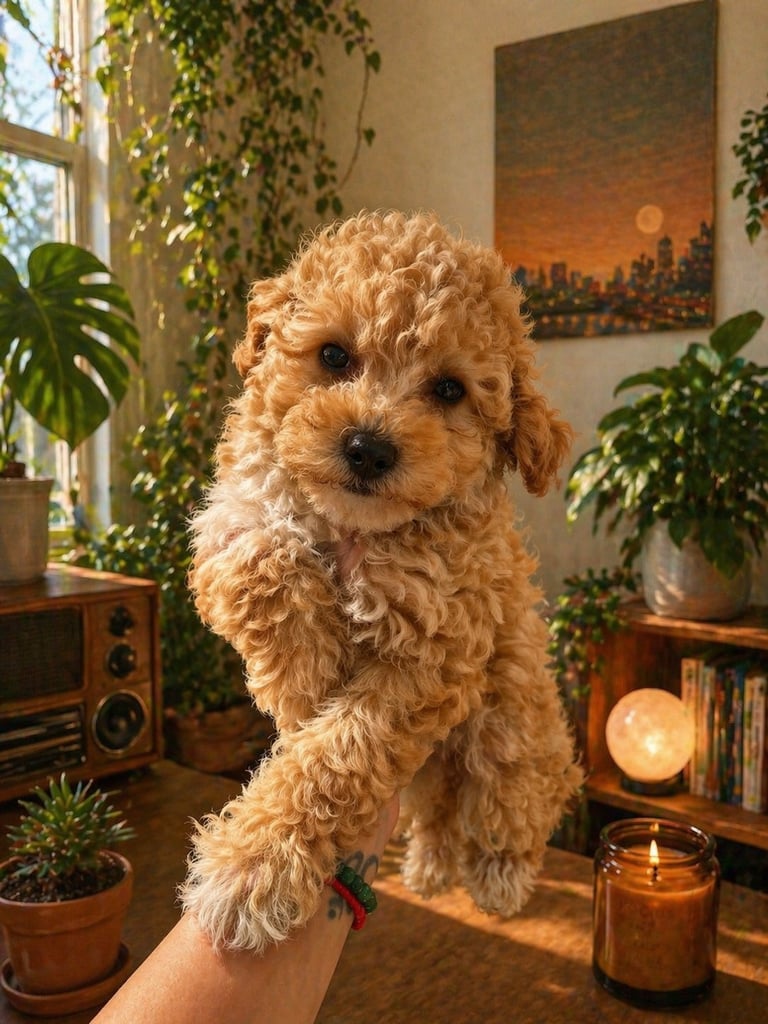 Apricot-colored curly-haired dog held in hands in a sunlit room with plants and warm décor