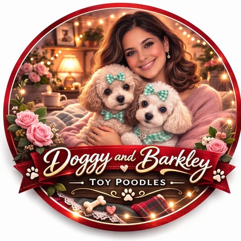 Woman holding two cream-colored toy poodles with teal bows in a festive holiday-themed circular badge design with pink roses and decorative lights