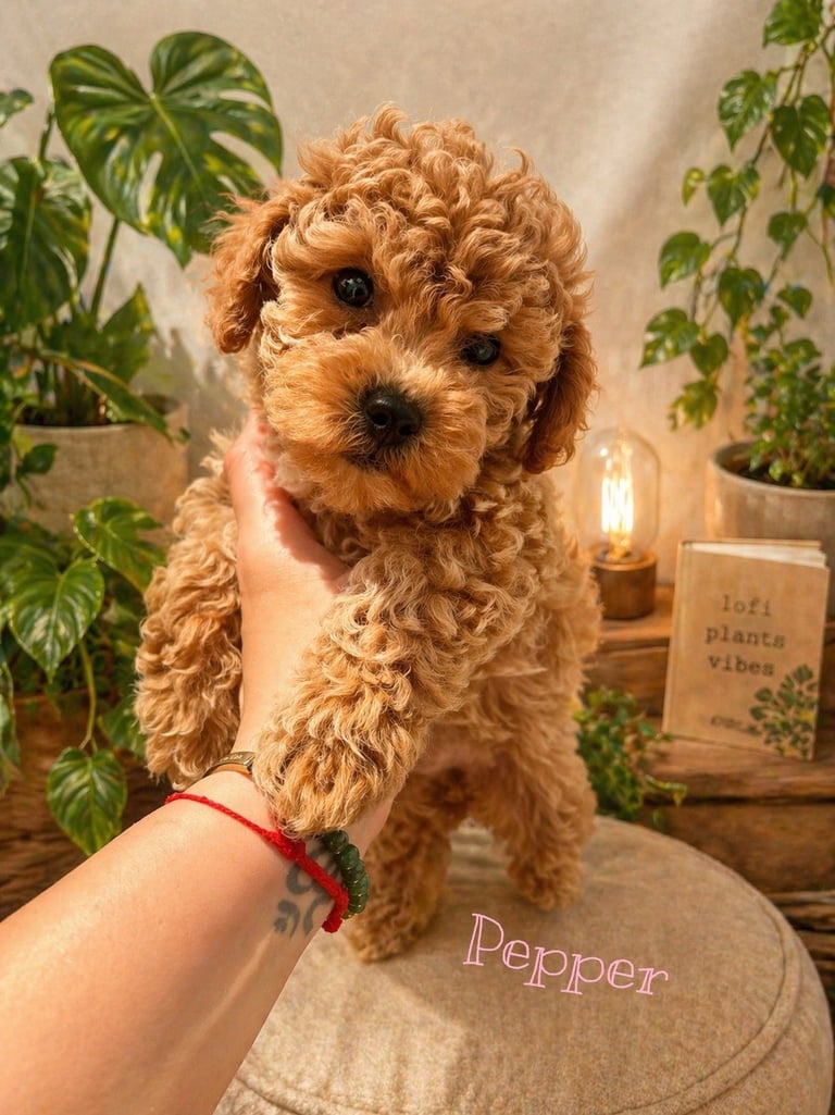 Apricot-colored Doodle puppy named Pepper being held, surrounded by potted plants and warm lighting