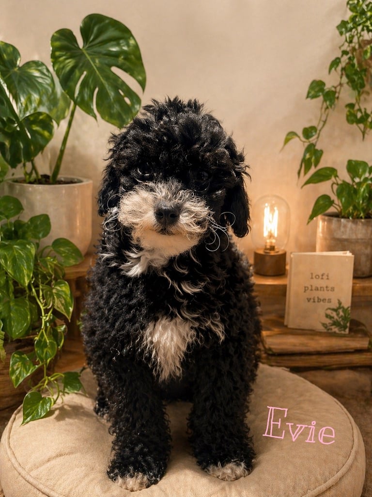 Black and white fluffy dog sitting on a circular mat surrounded by potted plants and warm lighting