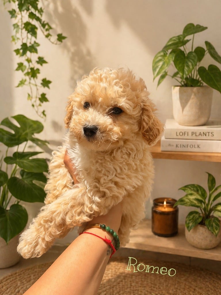 Apricot-colored puppy with curly fur being held by a persons hand in front of plants and home decor