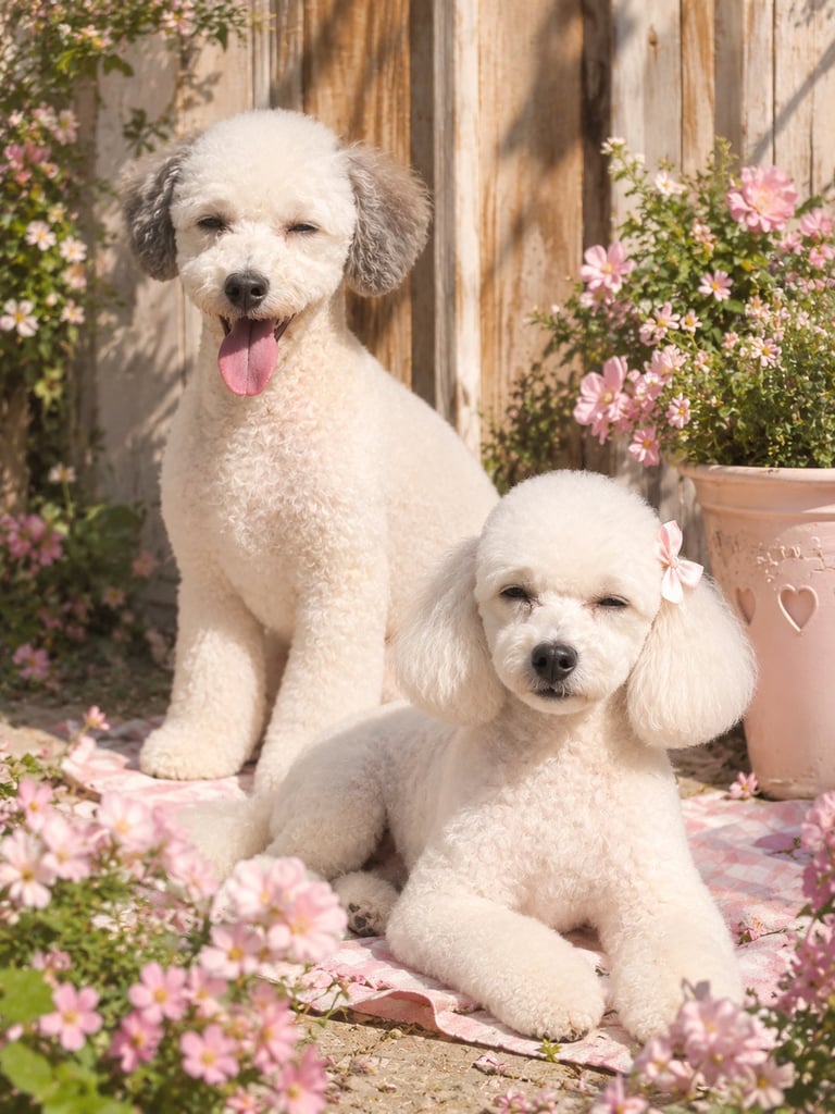 Two white poodles sitting in a garden surrounded by pink flowers and potted plants against a wooden fence