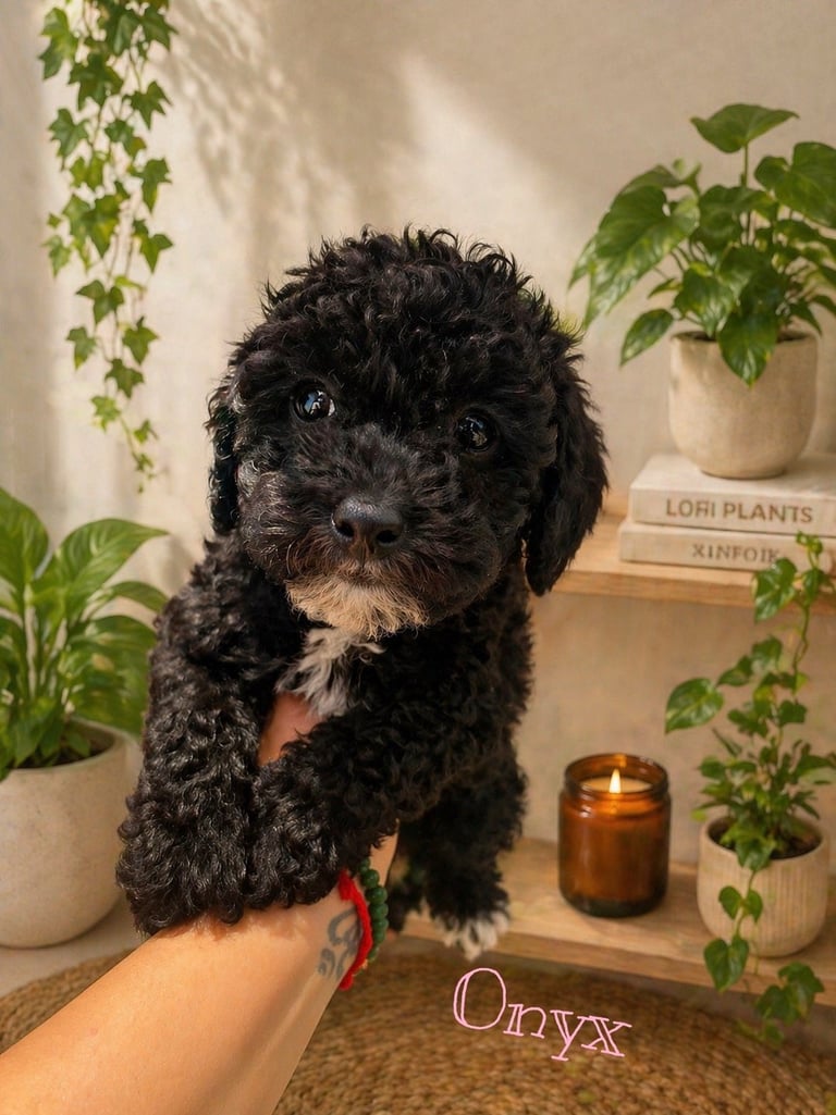 Black curly-haired puppy with white chest markings held by a persons hands, surrounded by potted plants and a candle