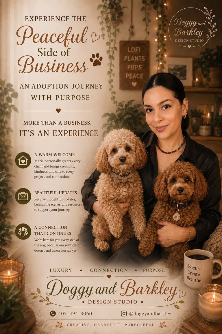 Woman with two brown poodles holding a mug in a cozy studio setting, promotional poster for Doggy and Barkley Design Studio